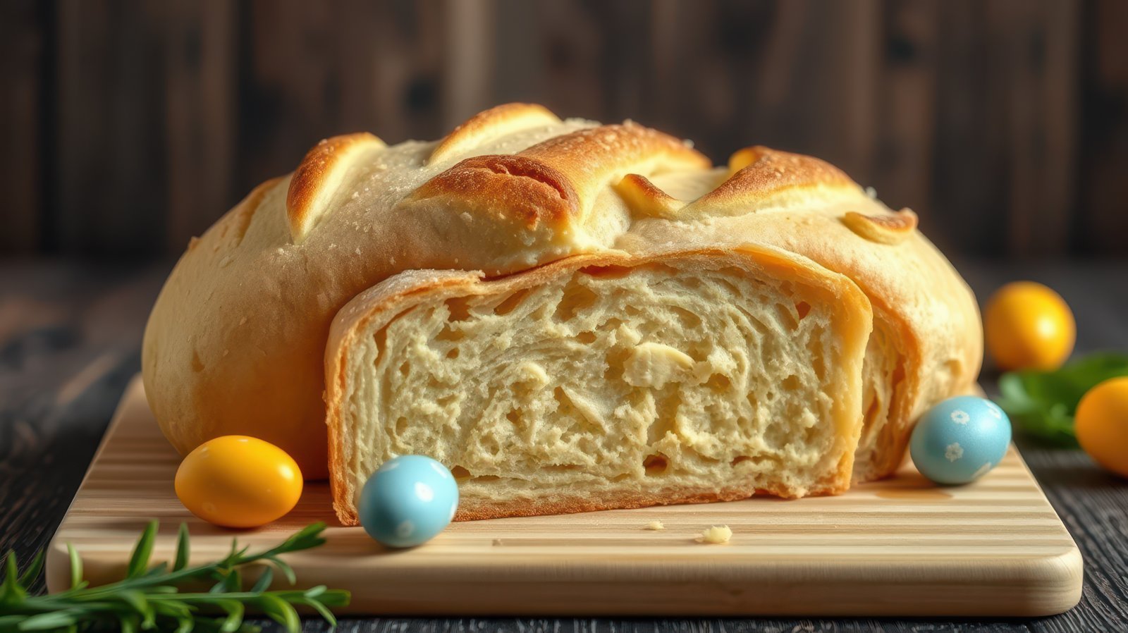 Freshly baked bread with a golden crust and decorative eggs on a wooden board in a cozy kitchen setting